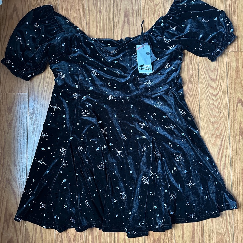 Unique Vintage Black Velvet Dress with Silver Stars